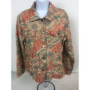 Analogy Jacket Women Size XL Tan Blue Red Floral Button Down Front Pocket